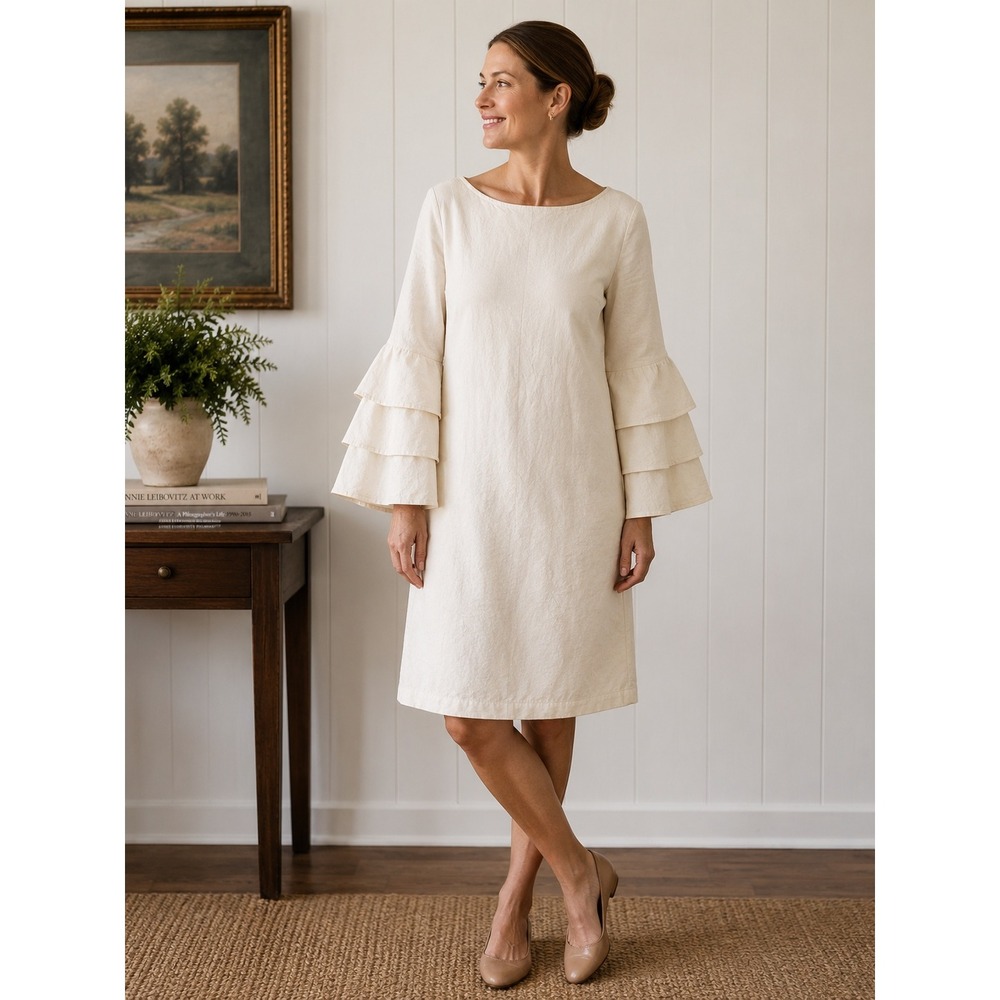 Ann Mashburn Cream Cotton Linenโ Silk Tiered Ruffle Bell Sleeve V-Back Dress- XS